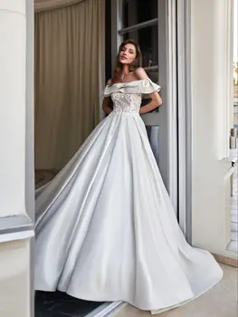 2023 Vintage Vestido De Noiva De Cetim Barco Pescoço Laço Appliqued Sexy Off Ombro Vestido De Noiva Capela Trem Vestidos De Noiva Personalizar