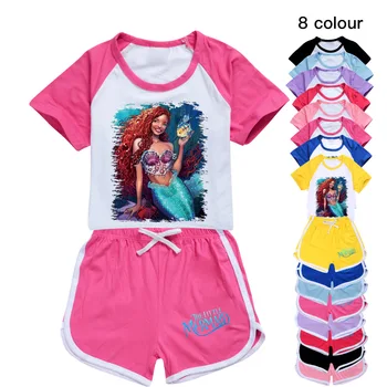 As meninas Meninos Roupas de Verão Setthe pequena sereia Desporto T-shirt+Calça 2-conjunto de peças de Roupas de Bebê Confortável, roupas de Pijamas