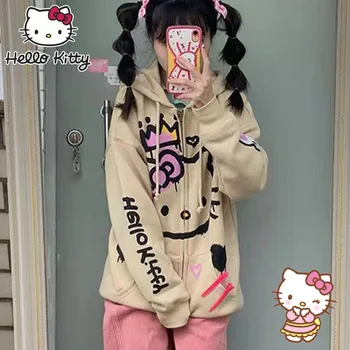 Sanrio Hello Kitty Moletom Com Capuz Zíper Y2k Mulheres Retro Casual Cardigan Menina De Manga Longa, Casacos De Outono Revestimento Superior Roupas