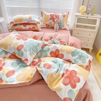 Conjunto de roupa de cama Simples Fresco Pequeno Escovado de Quatro peças do Cobertor Engrossado Roupa de Cama de Algodão Folha de Capa de Edredão Dormitório