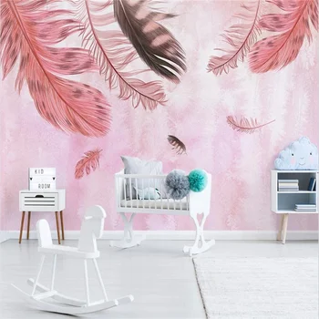 Papel de parede personalizado 3d moderno e minimalista pintados à mão-de-rosa pena mural fresco pequeno Nórdicos sala quarto TV na parede do fundo