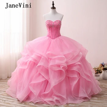 JaneVini Elegante Puffy Longo De Tule Vestidos De Quinceanera Vestido De Baile 2020 Querida Frisado Sweet 16 Vestido Formal, Concurso De Vestidos De Baile