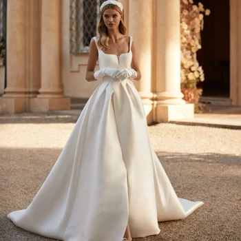 A Elegante Linha Halter Vestido De Noiva 2024 Princesa De Cetim Quadrada De Colarinho Branco Do Marfim Botão De Trem Da Varredura Tempo De Casamento Vestido De Noiva