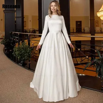 Muçulmano Requintado 2024 Uma linha de Vestidos de Casamento O-Pescoço Cheio Botão Drapeado, Plissado Brush Trem Comprimento Chão Vestido de Noiva robe de mariée