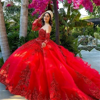 Vermelho Princesa Vestidos De Quinceanera Ball Gown Sweetheart Tule Apliques Sweet 16 Dresses 15 Años Mexicano