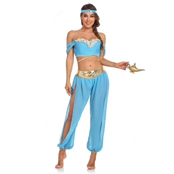 Halloween Arabian Princess Traje Adulto Feminino Princesa Jasmine Palco Vestido De Véu Superior Calças De Dança Do Ventre, Barriga Traje Terno