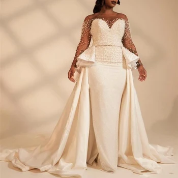 STEVDITG de Luxo Decote em V, Mangas compridas Pérolas do Vestido de Casamento da Moda Prega Destacável Cauda Tribunal Trem Vestido de Sereia Vestido de Noiva