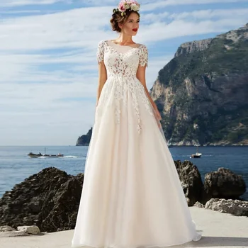 Vestidos de noiva Para Mulheres Colher Pescoço Curto Mangas A Linha de Apliques 3d Floral Vestidos de Noiva Botões de Volta Vestidos De Noiva 2024