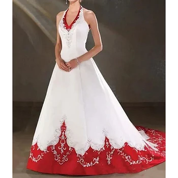 Branco E Vermelho Bordado Vestido De Noiva Para Noiva Halter Decote Sem Encosto Vintage Elegante Uma Linha De Vestidos De Noiva De Cetim