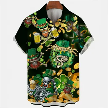 HX Moda Mens Camisas de St. Patricks Day Trevo de Cerveja Impressos em 3D Curto Camisas de Manga Havaí Praia Tops Homens Roupas Dropshipping