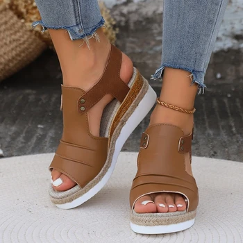 De espessura com solado de Cunha Verão Plus Size Sandálias 2024 Novas Mulheres Sapatos de Fivela Romano Peixe-toe Mãe Sapatos Sapatos Femininos