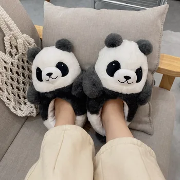 Mulheres Inverno Chinelos de Pelúcia Panda Bonito Interior Doméstico Quente e Confortável, Sapatos de Algodão Piso Anti Derrapante Fundo Plano Sapatos Casuais