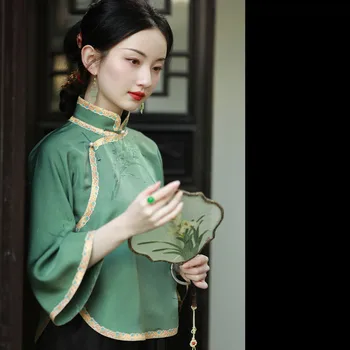 Cheongsam Das Mulheres Plus Size Curto Tops 2024 Cetim Mistura De Emenda Stand Colar Chinês De Estilo Retro Tang Traje Qipao Camisas De Mulher