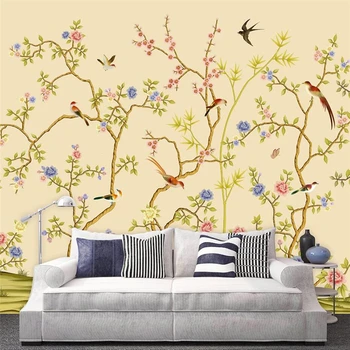 Papel de parede personalizado 3d mural novo Chinês clássico, de estilo Chinês, caneta flor pássaro pintado à mão, mural, sala de estar, quarto, papel de parede 3d
