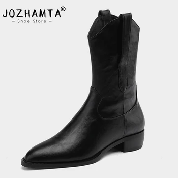 JOZHAMTA Tamanho 34-39 Mulheres Ankle Boots Retro Couro Genuíno Grosso Meados de Saltos de Sapatos de Inverno Para as Mulheres Ocidentais Botas Casuais Office