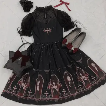 Dark Gothic Diabo Vestido Estampado Preto Estilo Japonês Lolita Jsk Vitoriana Suspender Vestido Loli Sexy Sweet Goth Bandagem Vestidos