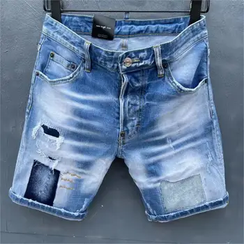 Moda masculina Buraco da Pintura de Pulverizador Short Jeans da Moda Moto&Motociclista High Street e Casual Tecido Denim Shorts D035