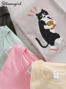 Streamgirl Algodão Gráfico T-Shirts Mulheres de Verão 2024 Gatos Impressão de Manga Curta Solto Rosa Tops Basic T-shirts Mulheres Superior Tees