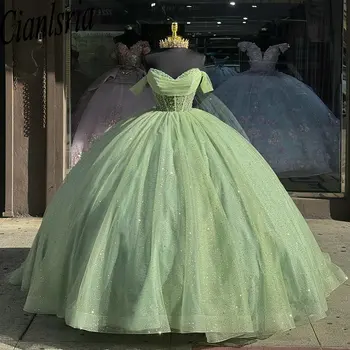 Sage Verde Glitter Cristal Beading Vestido De Baile Vestidos De Quinceanera Fora Do Ombro Ilusão Plissado Espartilho Vestidos De 15 Anos