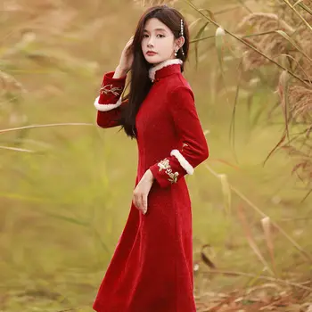 Mulheres De Vermelho Novo Ano Cheongsam Vestidos De Festa Inverno, Outono Engrossado Bordado Quentes De Estilo Chinês, Magro Qipao