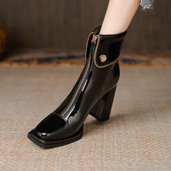 Sapatos de senhoras 2023 Venda Quente Tornozelo Botas femininas de Alta Qualidade, Moderno e Botas de Mulheres Sólido Dedo do pé Quadrado Zip Calçado Feminino Zapatos
