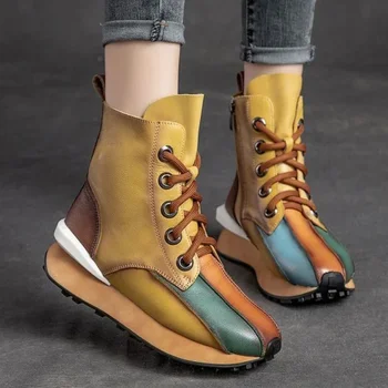 Retro Roma Sapatos 2023 Novo e Elegante mistura de Cores Botas femininas Inverno, antiderrapante e resistente ao Desgaste Plataforma de Rendas Até Botas Zíper