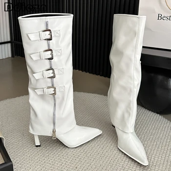 Mulher Ocidental Longas Botas De Fivela De Metal Calçado Sapatos Para Senhoras Modernas Joelho Alto Botas De Moda Nova Com Finos Saltos De Sapatos