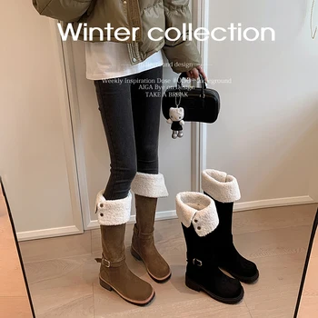 2023 novo inverno quente sapatos Mulheres over-the - knee boots 22-24.5 cm rebanho+lã mistura moderna botas botão botas de plataforma botas de neve