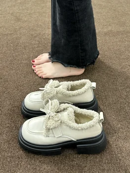 O coreano Sapatos Mocassins de Pele Feminino Calçados Outono Oxfords Mulheres do Arco-Nó De 2023 Novo Vestido de Inverno Queda de Couro Borboleta Roma Básico