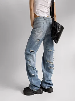 Estilo americano Rasgado Ocos calças de Brim das Mulheres de Cintura Alta Preta Azul Denim, Calças de Y2K Streetwear Comprimento Total Cowboys Calças