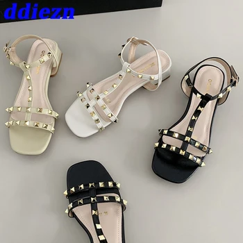 T-Cinta De Sapatos De Senhoras Sandálias De Verão 2023 Moda De Luxo Rebite Fivela Fêmea Exterior Casual, Flats, Sandálias Sapatos Para Mulheres
