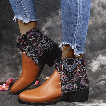 Mulheres Retro Meados De Saltos Apontado Casual Ankle Boots Étnica Outono Estampados De Flores De Retalhos De Curto Botas Botas Mujer Botas Sapatos