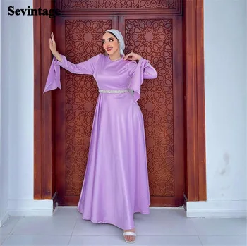 Sevintage Elegante Lavanda Arábia Vestidos de Baile Muçulmano O-Pescoço Longo do Cabo Manga Ruched Tornozelo Comprimento de Vestidos de Noite فساتين السهرة