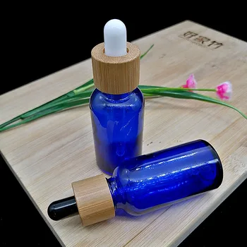 frasco de loção 30 ml de vidro azul fosco frasco conta-gotas com tampa de bambu