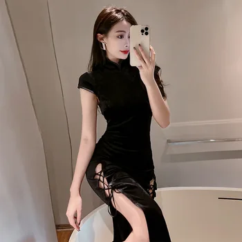 Retro Estilo Chinês de Veludo Cheongsam Versão Melhorada do Vestido Curto da Luva das Mulheres Slim Cintura Alta Divisão de Correia Temperamento Longo