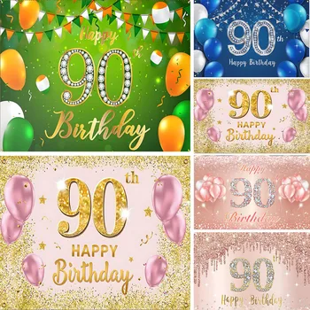 Feliz Aniversário de 90 anos de pano de Fundo da Decoração do Partido Faixa de 90 Anos de Idade de Ouro Preto, Balão de Diamante de Fundo para as Mulheres, Homens personalizado