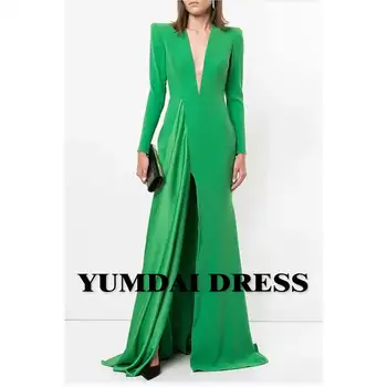 YUMDAI Elegante Manga Longa com decote em V Vestido de Noite de Arabian Saudi Senhoras Ocasião Especial Formal de Vestido Verde de Festa Trem de Bola Vestido