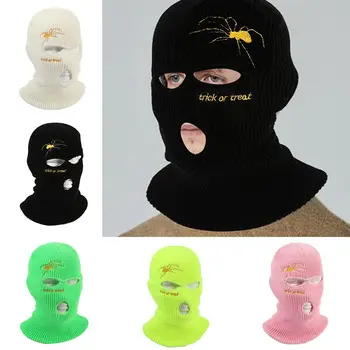 Três Furos Chapéu De Malha Unissex Malha Bordado À Prova De Vento Máscara Balaclava Capa De Inverno