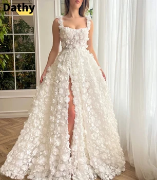 Senhoras Branco Vestido Longo 3D Estereoscópico Floral Branco Vestido de Noiva Elegante, Com Alça Traseira de Uma Linha de Alta Vestido de Fenda فساتين السهرة