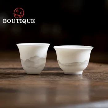 2pc/set Simples refratario de Jade Branco de Cerâmica, Copos de Porcelana de Tinta Longe de Montanha Mestre Único Xícara (chá) Domésticos de Cerâmica Kung Fu Conjunto