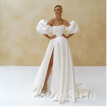 Elegante Vestido de Noiva de Cetim Curto Mangas Puff Simples Branco Vestido de Noiva de Uma Linha Lateral da Fenda Sweep Trem Vestido de Noiva de 2023