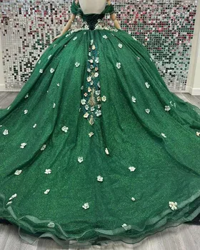 Verde esmeralda, a Princesa do Baile Vestido Quinceanera Bordados de Flores Fora do Ombro Gillter Espartilho vestidode15anos traje vestido