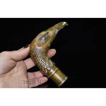 Chinês Latão Cobre Mão esculpida de Cana-de-bengala da Cabeça do Punho Estátua de águia