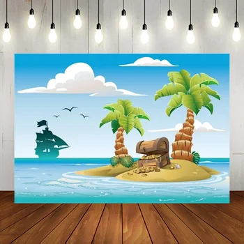 Tropical Cartoon Ilha de Fotografia Tesouro Vela de Navio Pirata Vela de Fundo de Dia das Crianças Festa de Aniversário Banner