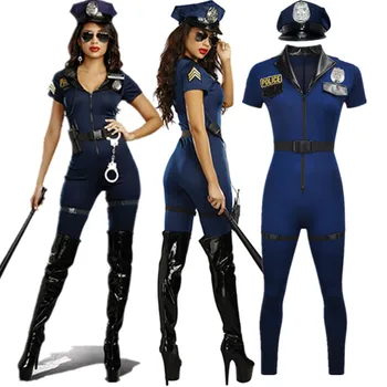 Policial Feminina Cosplay Traje Sexy Macacão Cop Bodysuit Adultos Carnaval Festa De Halloween Roupas