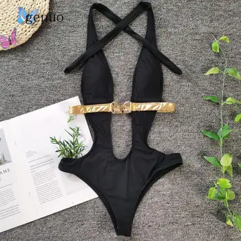 2020 Novo Sexy Ocos Um Maiô Mulheres Profundo Em V Halter Swimwear Feminino Sem Encosto Monokini Maiô De Verão, Roupas De Praia