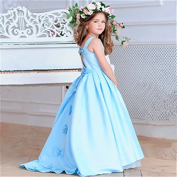 Flor Menina Vestido Azul Longo Sem Encosto Sem Mangas Bow Decoração De Casamento Elegante Pequena Flor Crianças Da Primeira Comunhão Vestido De Festa