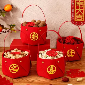 4Pcs de Pano Casamento Chinês Sacola para Doces de Festa Lidar com Alegria a Inauguração Alça da Cesta de Big Red Sobremesa de Casamento Doces de Presente Boxs