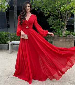 Elegante Vermelho Longo com Decote em V Vestidos de Noite de Uma Linha de Comprimento Pavimento Chiffon Vestidos de noite Plissado Vestido de Baile فساتين سهرة para as Mulheres
