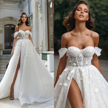 Boêmio Laço 2023 Vestidos de Noiva Sexy Lado Dividida em 3D Floral Appliqued Boho Vestidos de Noiva de Praia País Vestido De Noiva